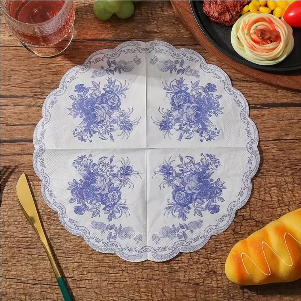 Blue Floral Round Scalloped Edge Cocktail Napkins, 20 ct